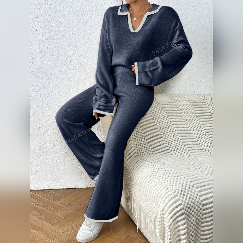 2pcs Contrast Color Splice Long Sleeve Simple Top And Pants Casual Set - Picture 3 of 6